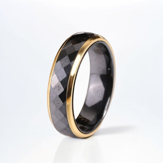 Bague Céramique Homme | Noir & Or Facette - Acier - Oxior
