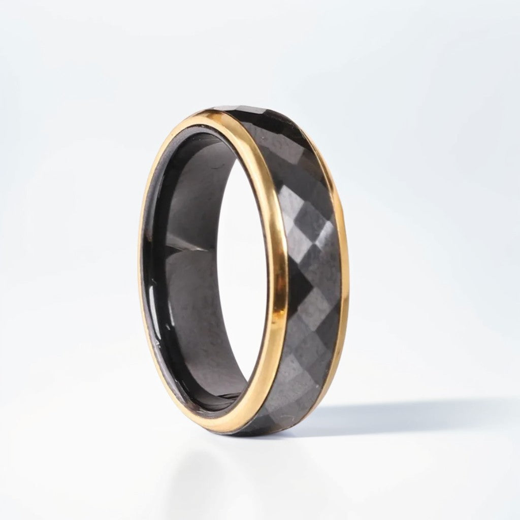 Bague Céramique Homme | Noir & Or Facette - Acier - Oxior