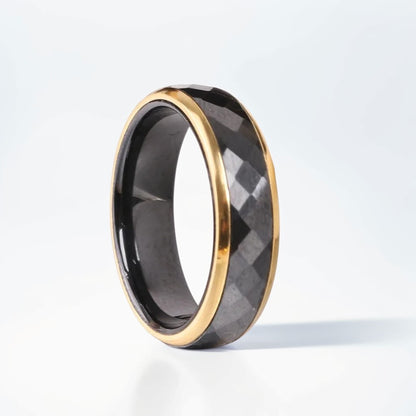 Bague Céramique Homme | Noir & Or Facette - Acier - Oxior