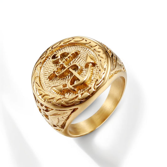 Bague Homme Dorée | Chevalière Ancre - Acier Inoxydable - Oxior