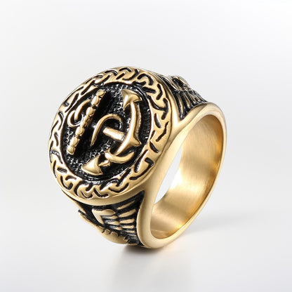 Bague Homme Dorée | Chevalière Ancre Noire - Acier Inoxydable - Oxior