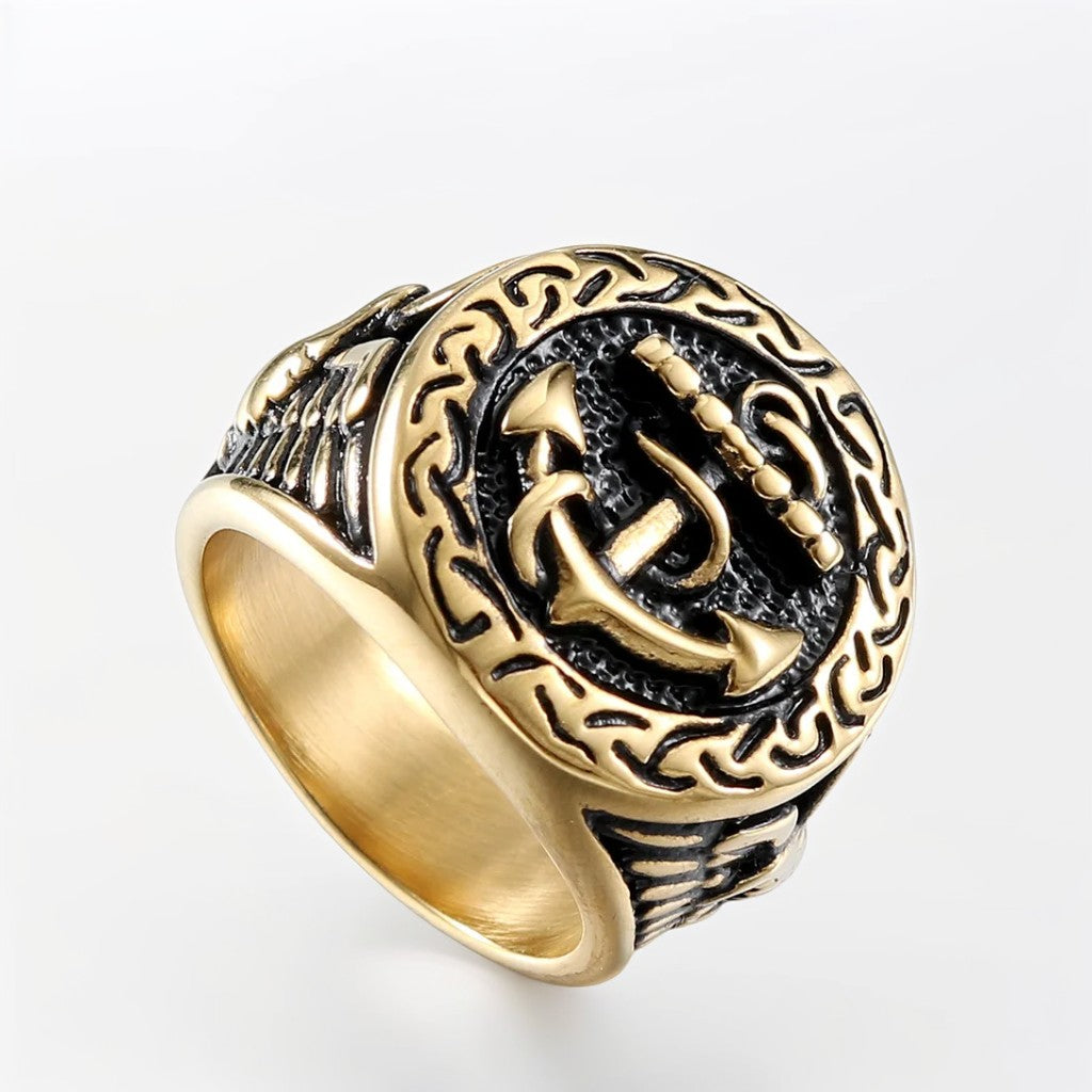 Bague Homme Dorée | Chevalière Ancre Noire - Acier Inoxydable - Oxior