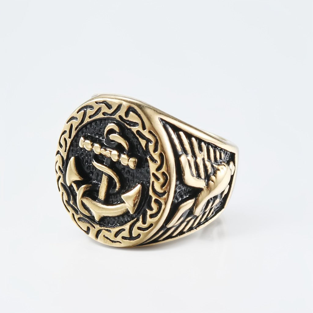 Bague Homme Dorée | Chevalière Ancre Noire - Acier Inoxydable - Oxior