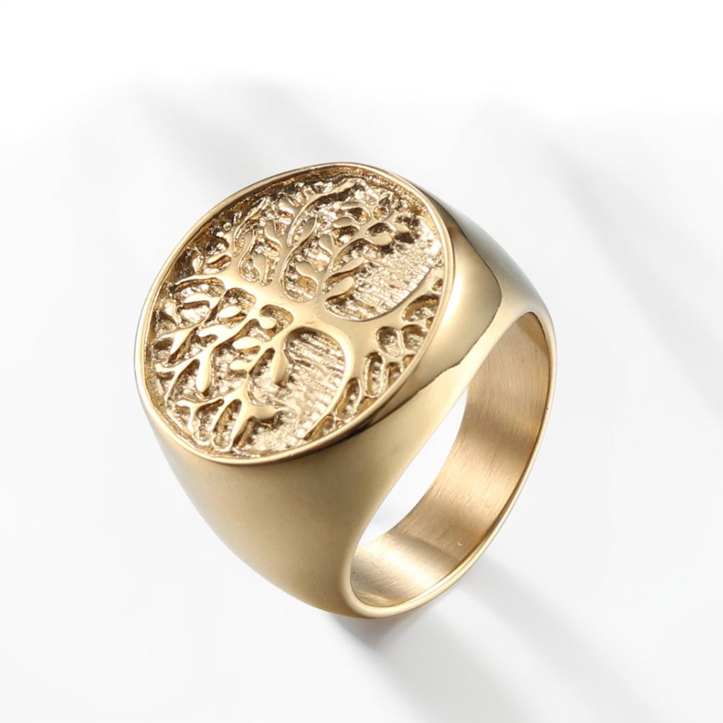 Bague Homme Dorée | Chevalière Arbre de Vie - Acier Inoxydable - Oxior