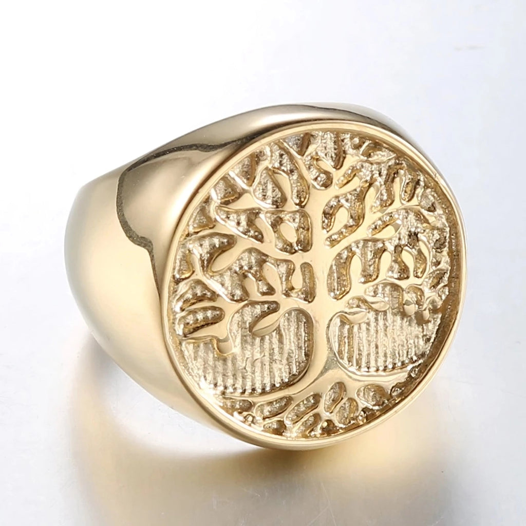 Bague Homme Dorée | Chevalière Arbre de Vie - Acier Inoxydable - Oxior
