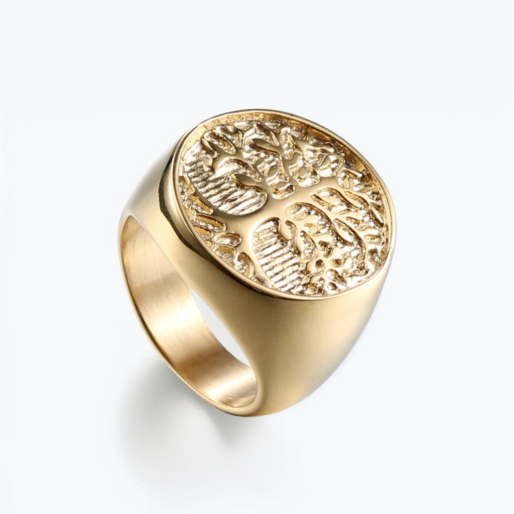Bague Homme Dorée | Chevalière Arbre de Vie - Acier Inoxydable - Oxior