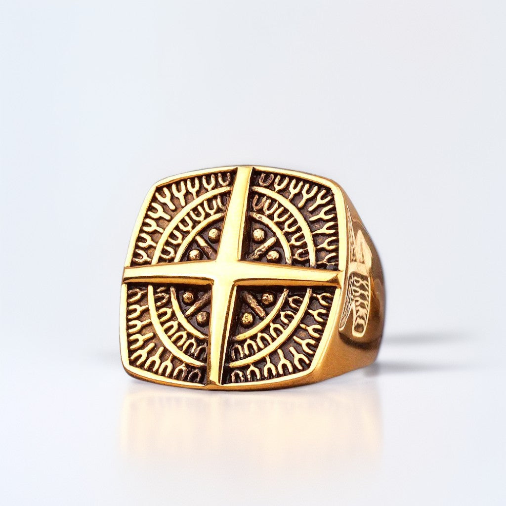 Bague Homme Dorée | Chevalière Boussole - Acier Inoxydable - Oxior