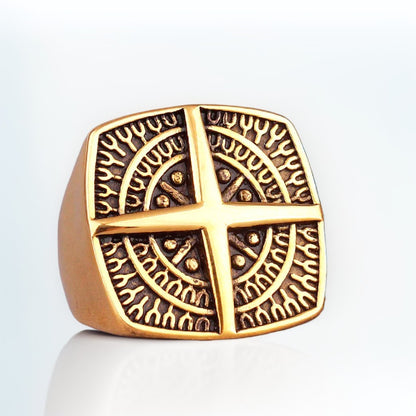 Bague Homme Dorée | Chevalière Boussole - Acier Inoxydable - Oxior