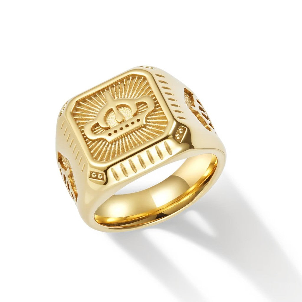 Bague Homme Dorée | Chevalière Couronne Carrée - Acier Inoxydable - Oxior