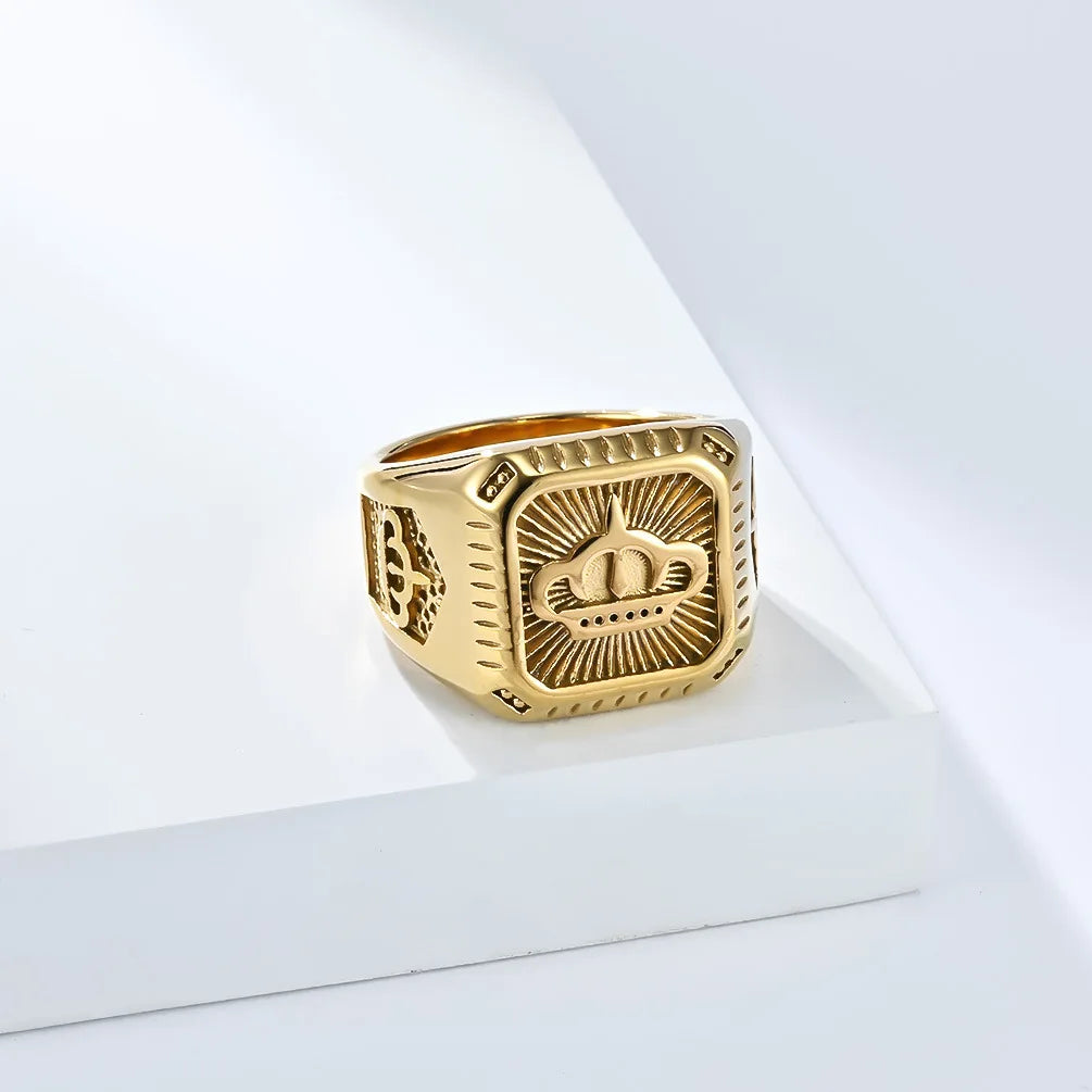 Bague Homme Dorée | Chevalière Couronne Carrée - Acier Inoxydable - Oxior