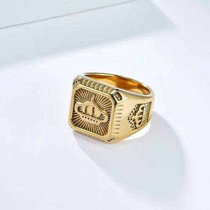 Bague Homme Dorée | Chevalière Couronne Carrée - Acier Inoxydable - Oxior