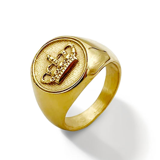 Bague Homme Dorée | Chevalière Couronne Ronde - Acier Inoxydable - Oxior