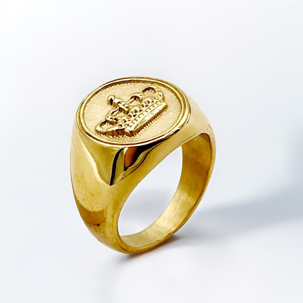 Bague Homme Dorée | Chevalière Couronne Ronde - Acier Inoxydable - Oxior