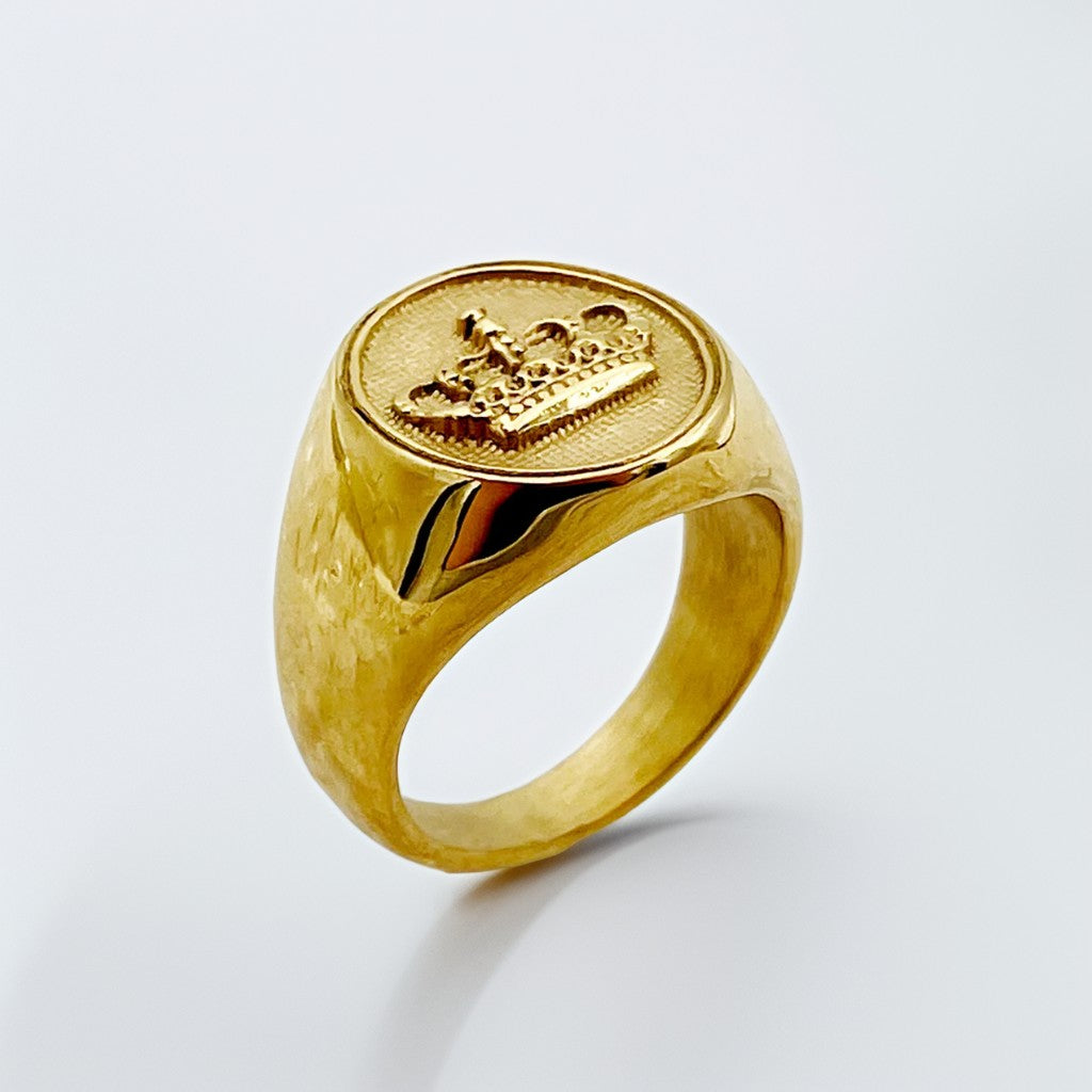 Bague Homme Dorée | Chevalière Couronne Ronde - Acier Inoxydable - Oxior