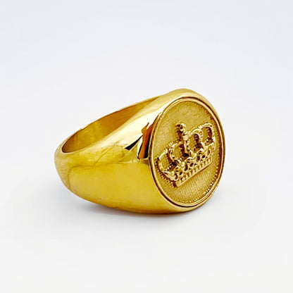 Bague Homme Dorée | Chevalière Couronne Ronde - Acier Inoxydable - Oxior
