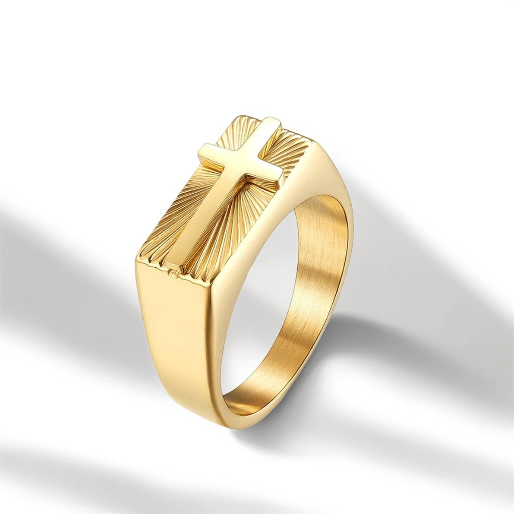 Bague Homme Dorée | Chevalière Croix Chrétienne - Acier Inoxydable - Oxior