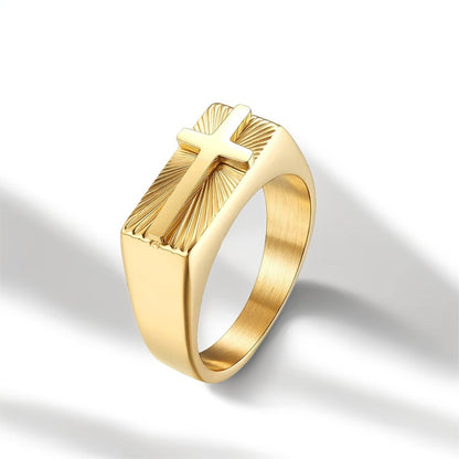 Bague Homme Dorée | Chevalière Croix Chrétienne - Acier Inoxydable - Oxior