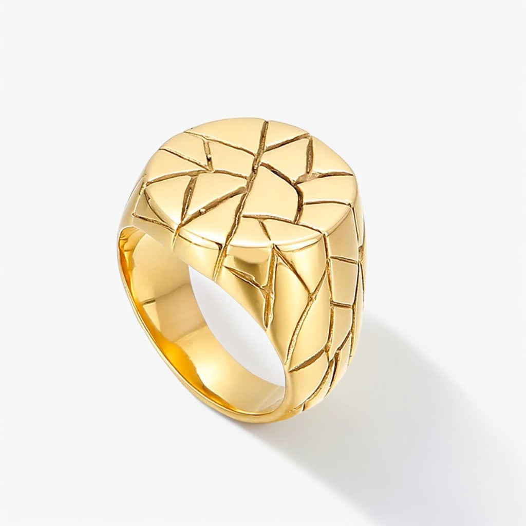 Bague Homme Dorée | Chevalière Fractures Ronde - Acier Inoxydable - Oxior