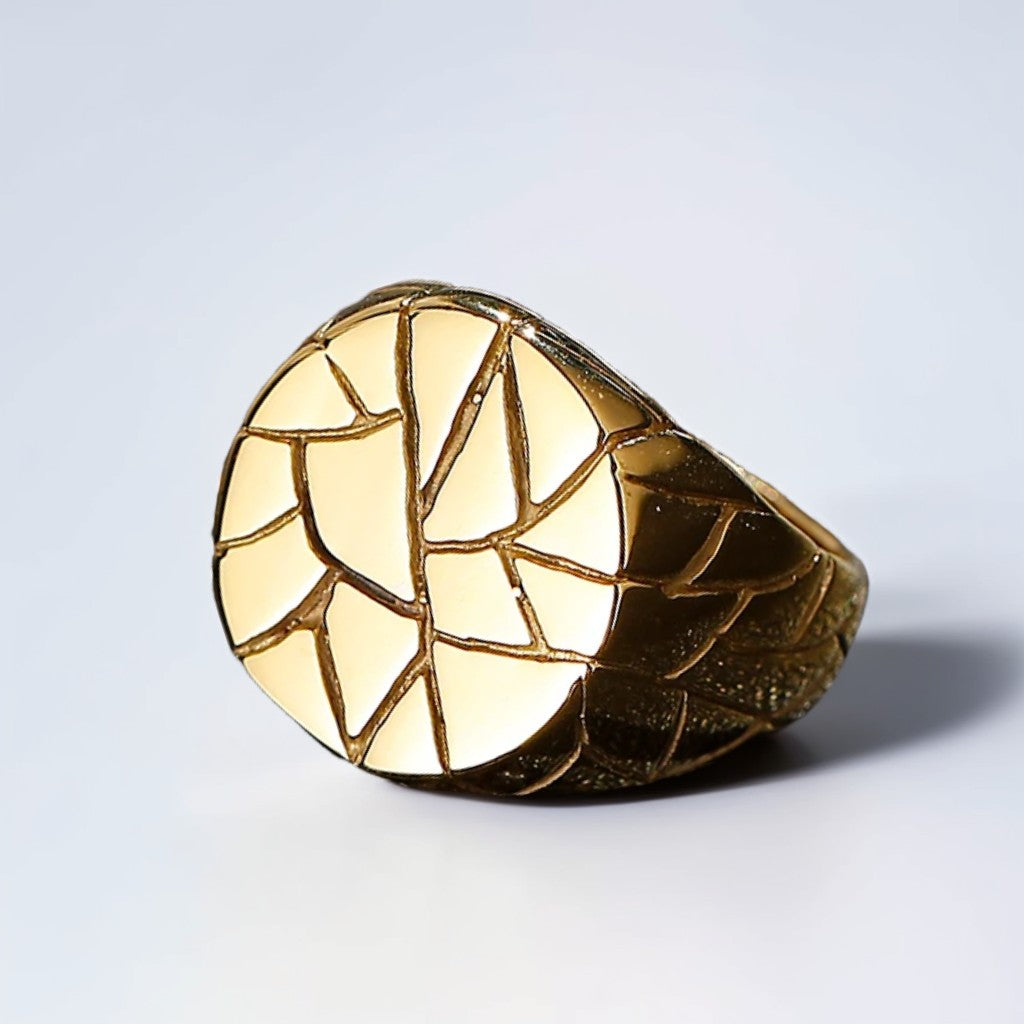 Bague Homme Dorée | Chevalière Fractures Ronde - Acier Inoxydable - Oxior
