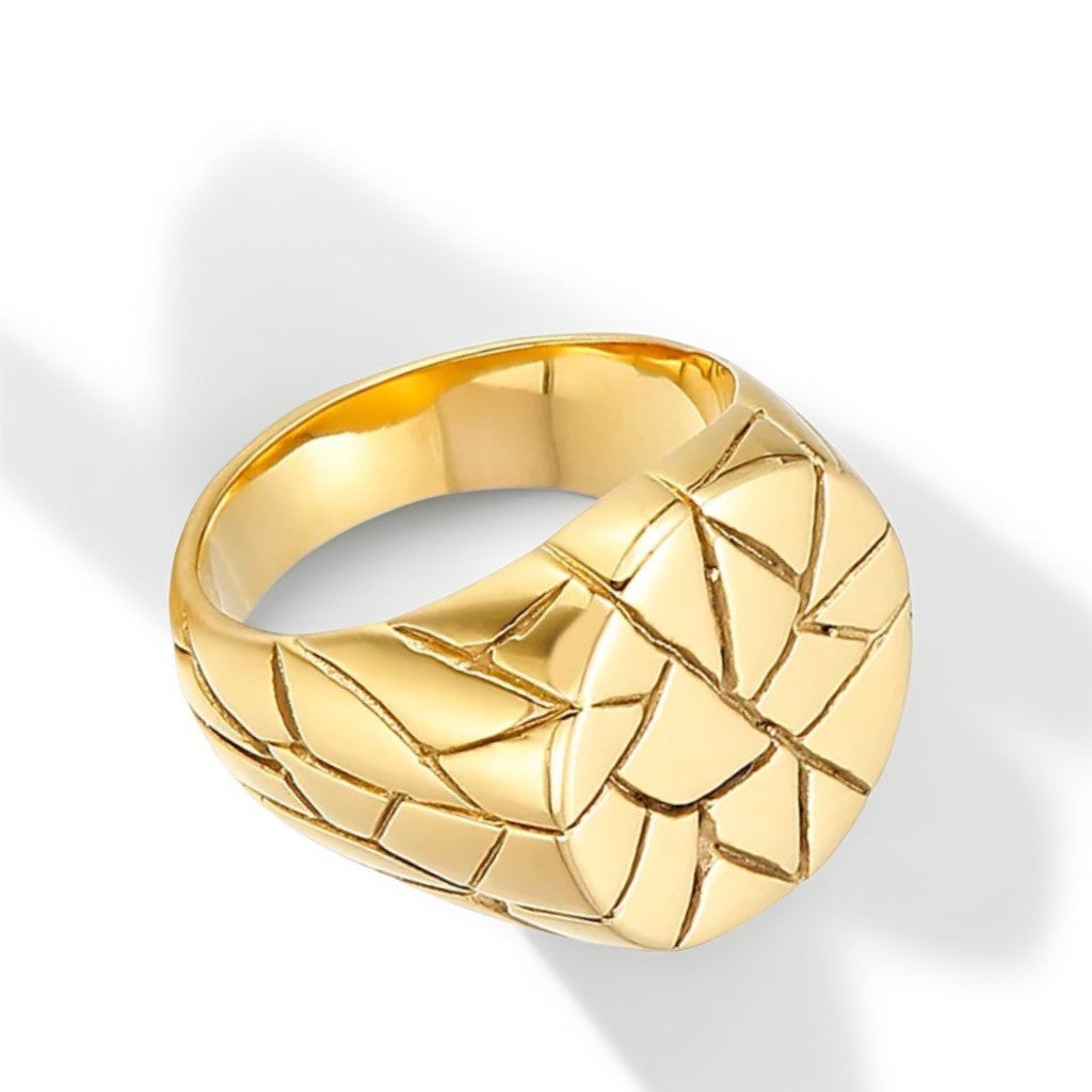 Bague Homme Dorée | Chevalière Fractures Ronde - Acier Inoxydable - Oxior