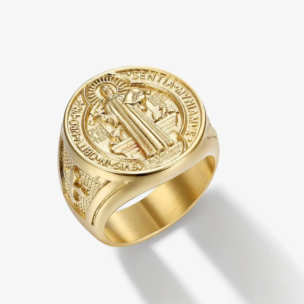 Bague Homme Dorée | Chevalière Saint Benoit - Acier Inoxydable - Oxior
