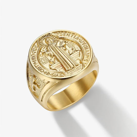 Bague Homme Dorée | Chevalière Saint Benoit - Acier Inoxydable - Oxior