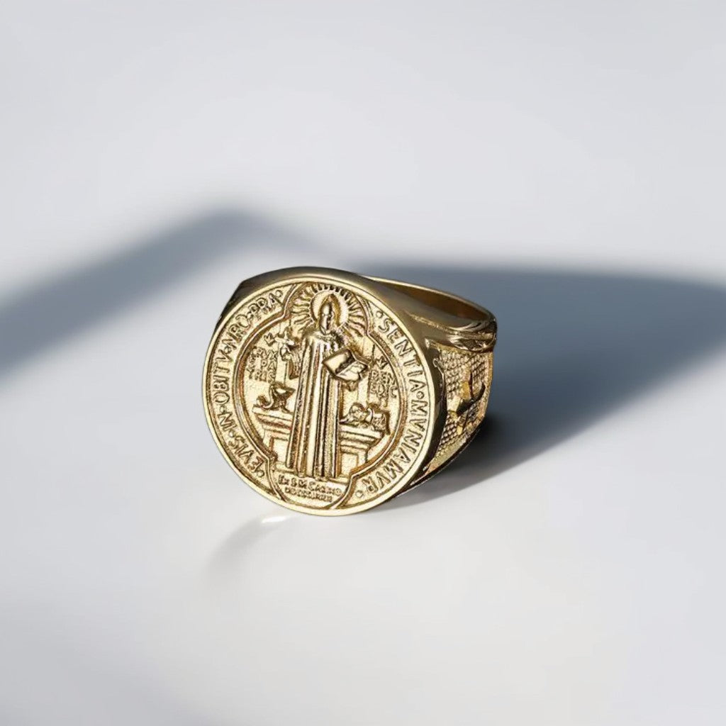 Bague Homme Dorée | Chevalière Saint Benoit - Acier Inoxydable - Oxior