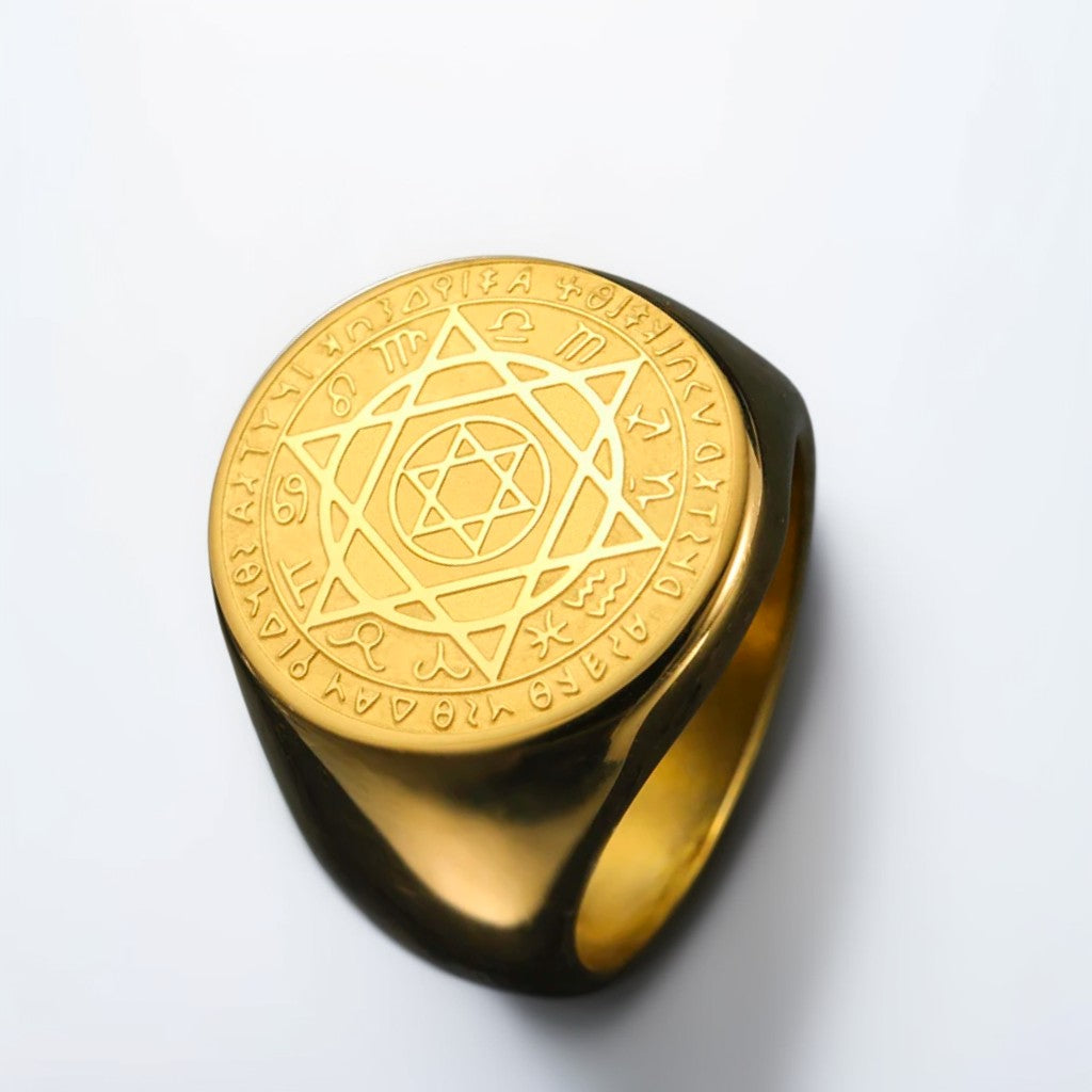 Bague Homme Dorée | Chevalière Sceau de Salomon - Acier Inoxydable - Oxior