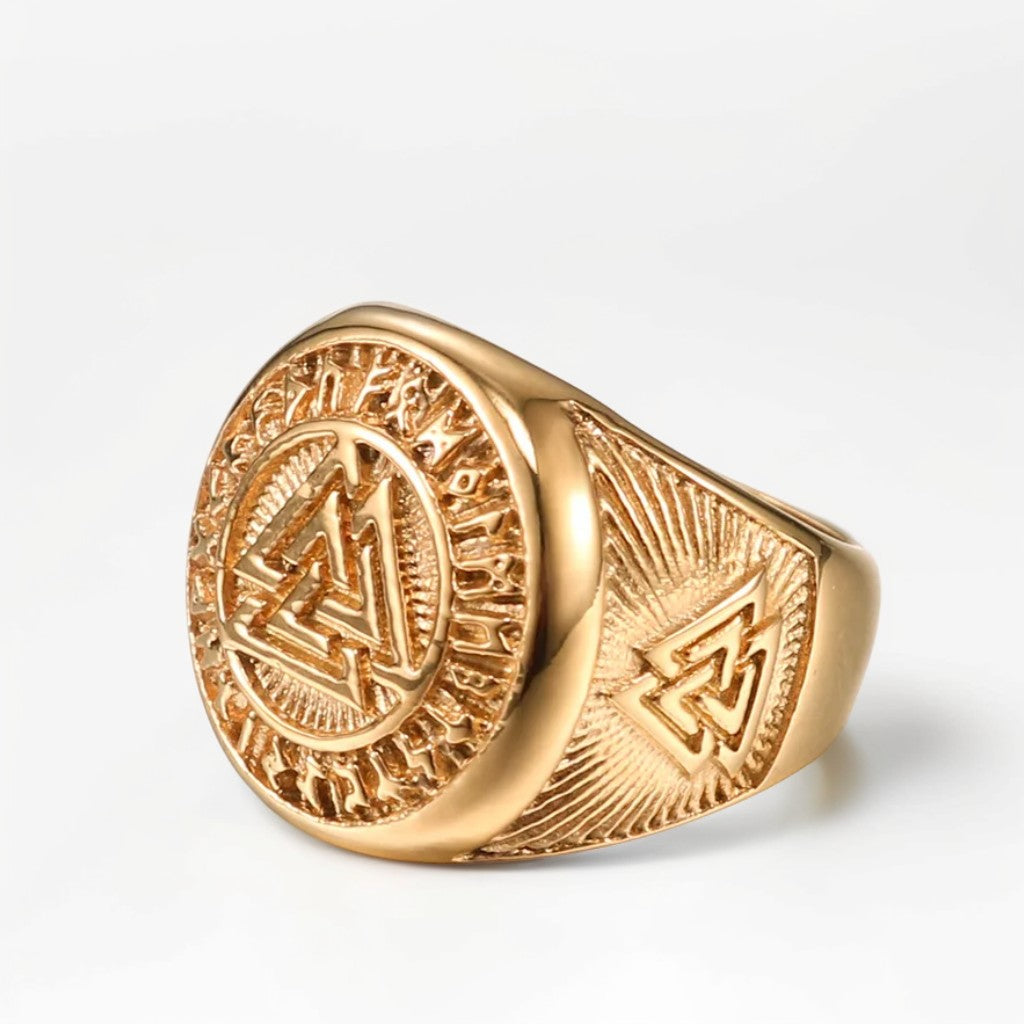 Bague Homme Dorée | Chevalière Valknut - Acier Inoxydable - Oxior