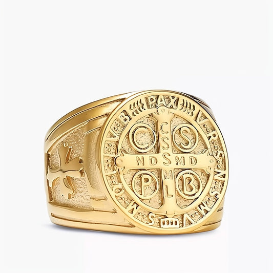Bague Homme Dorée | Modèle Médaille de Saint-Benoît - Dorée - Acier Inoxydable - Oxior