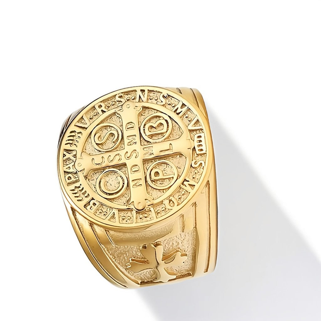 Bague Homme Dorée | Modèle Médaille de Saint-Benoît - Dorée - Acier Inoxydable - Oxior