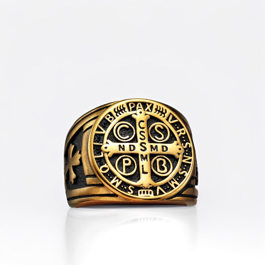 Bague Homme Dorée | Modèle Médaille de Saint-Benoît - Noir et Or - Acier Inoxydable - Oxior