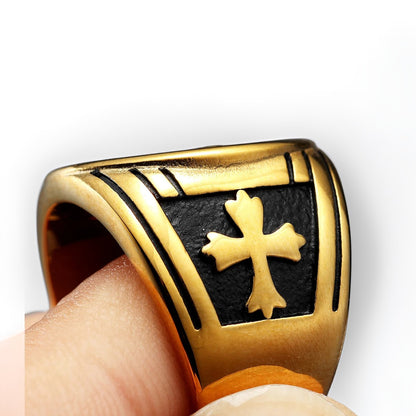 Bague Homme Dorée | Modèle Médaille de Saint-Benoît - Noir et Or - Acier Inoxydable - Oxior