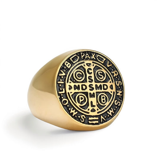 Bague Homme Dorée | Modèle Médaille de Saint-Benoît Simple - Noir et Or - Acier Inoxydable - Oxior