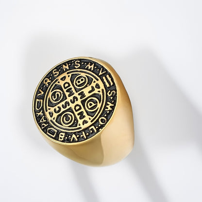 Bague Homme Dorée | Modèle Médaille de Saint-Benoît Simple - Noir et Or - Acier Inoxydable - Oxior