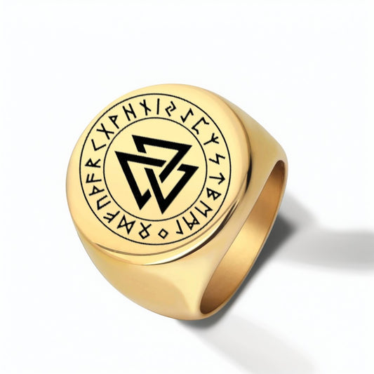 Bague Homme Dorée | Chevalière Viking Valknut - Acier Inoxydable